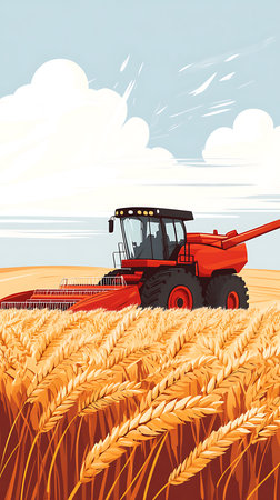 Illustrative image showcasing a red harvester at work in a wheat field, set against a backdrop of a bright sky filled with white clouds on a sunny day.の素材