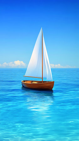 Sailboat gracefully floats on calm, clear, turquoise sea under blue sky with horizon clouds. Features a single white sail and a natural wood hull.の素材