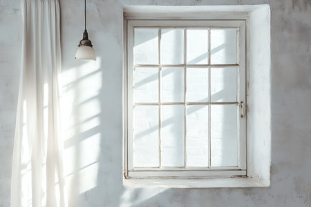 Features an old multi-paned window, a softly draped curtain, and a simple pendant lamp, creating a textured, light-filled interior scene.の素材