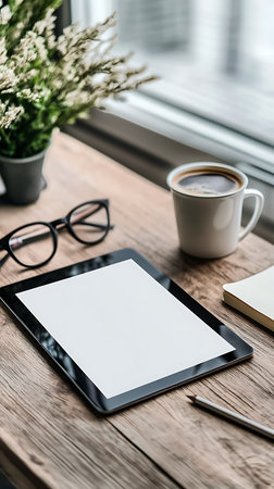 Tablet with blank screen, coffee, notebook, eyeglasses and pencil on wooden table, indoor workspace near window, mockup.の素材
