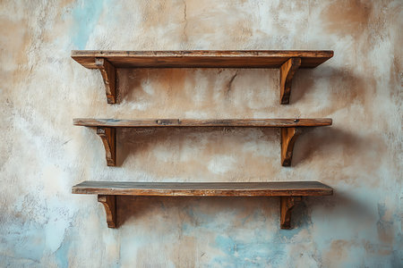 Three rustic brown shelves mounted on a beige textured wall. Each shelf is supported by carved wooden brackets for a vintage design element.の素材