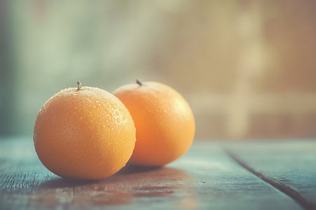 This close-up features two vibrant oranges with water droplets, placed on a textured, rustic wood table against a blurred, soft background.の素材