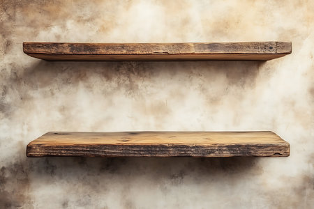 Interior scene featuring two rustic wooden shelves against a textured beige plaster wall. The shelves have natural wood grain and a light color palette.の素材