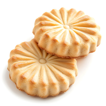 High angle view features two golden baked shortbread cookies, stacked together with distinct, appealing flower-like pattern on a white surface.の素材