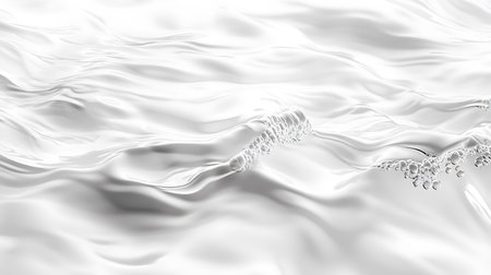 Abstract liquid waves with soft swirls and delicate bubbles create a sense of motion, texture of white fluid. Modern, minimalist visual with light reflections.の素材