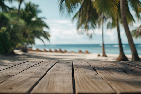 Focus on wooden plank table overlooks a blurred tropical beach scene with blue sea, palms, deckchairs and white sand in soft sunshine lighting.の素材