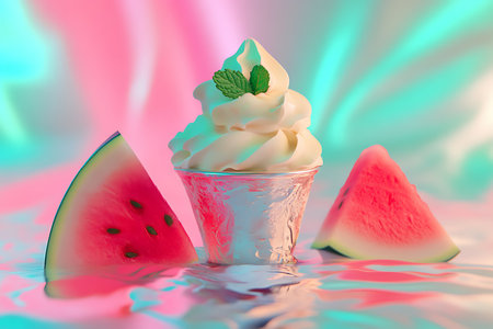 Close-up of vanilla soft serve in a textured glass, garnished with mint leaves, with watermelon slices on iridescent reflective background.の素材