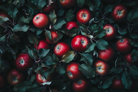 Fresh and Juicy Red Apples in a Large Pile, Close-Upの素材