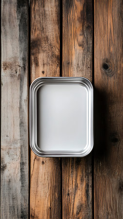 Overhead view showcases a clean, silver metallic tray placed on a background of weathered, rustic wooden planks displaying natural textures and patterns.の素材