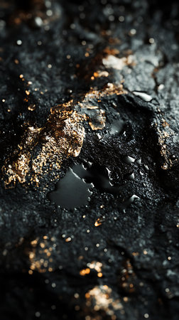Close-up abstract featuring a wet, dark rock texture with sparkling water droplets and scattered gold flecks for high-quality background texture.の素材
