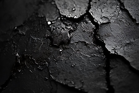 Close-up showcases a rough textured surface of irregular black stones covered with scattered water droplets, highlighting the material and wetness.の素材