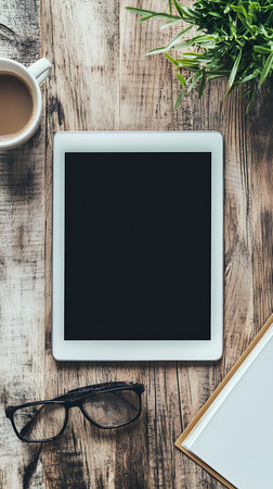 Top view of a tablet with black screen, eyeglasses, coffee cup, notepad, and potted plant on a weathered wood table. Office supplies are neatly arranged.の素材
