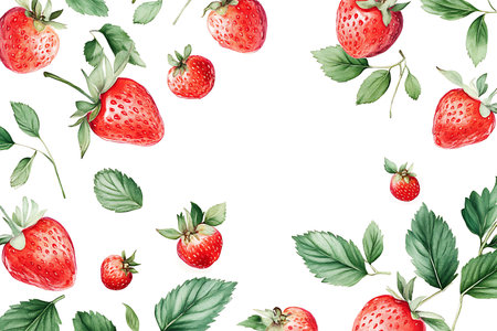 Watercolor painting of assorted red strawberries with green leaves and stems scattered around on a plain white backdrop, creating a vibrant organic pattern.の素材