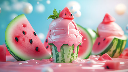 Close-up shows watermelon slices, dripping pink substance, a mint garnish, seeds, and a bright sky in background. Perfect for summer or fruity-themed designs.の素材