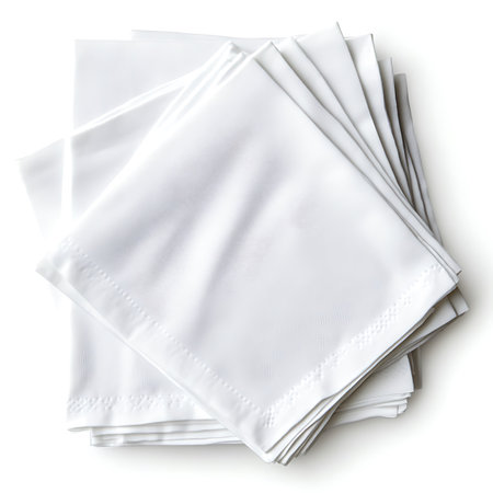 Close-up shot features a pile of folded white napkins with patterned borders. A clean, bright, and simple composition, set against a plain white backdrop.の素材