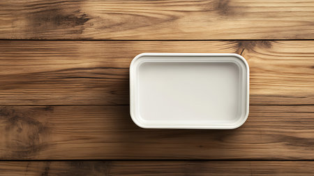 This image features a white rectangular tray mockup on a rustic wooden background. It's a minimalist style shot, ideal for showcasing design and branding.の素材