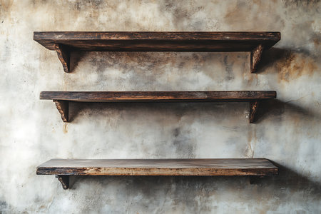 Interior view featuring rustic dark wood shelves vertically stacked against a textured, off-white plaster wall, creating a weathered aesthetic.の素材