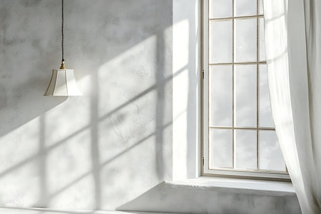 White window with a lamp on a white wall in the shade of a treeの素材