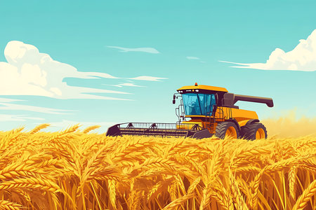 Illustration displays a yellow harvester in action on a golden wheat field under a bright sky with clouds. Agricultural landscape features ripe wheat.の素材