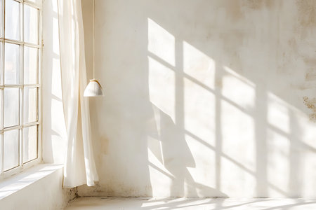 White window with a lamp on a white wall in the shade of a treeの素材