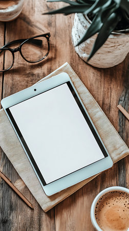 Work from Home Desk with Digital Tablet, Notepad, Glasses, and Coffee Cupの素材