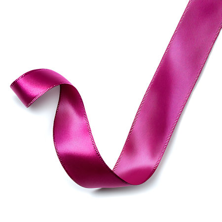 Close-up shot of a magenta ribbon featuring a delicate texture and decorative stitching, all set against a clean white background.の素材