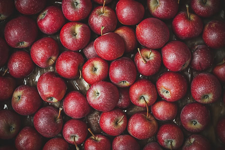 Overhead view showing a collection of shiny vibrant red apples piled together. Some apples have stems still attached, enhancing the natural look.の素材
