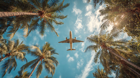 Low angle view of an airplane flying through the blue sky above lush palm trees during a tropical vacation. Sunny day and summer travel vibes.の素材