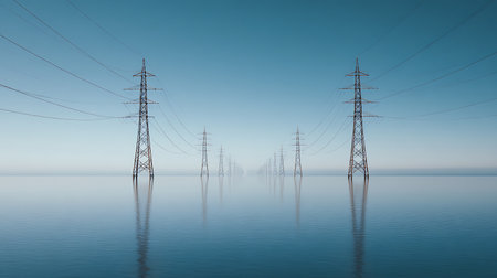 A serene view shows electricity pylons extending into the distance. Their bases are submerged in still water, reflecting the tower structures under a clear blue sky.の素材