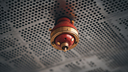 Close-up, upward shot of a red and gold fire sprinkler head hanging from a perforated metal ceiling. Industrial design is apparent, with a focus on functionality.の素材
