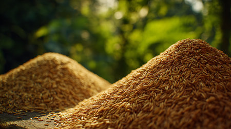 Close-up showcases two piles of harvested golden rice grains, creating textured mounds. Blurred green foliage background adds a natural, out-of-focus backdrop to the rich tones.の素材