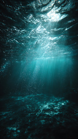 Mesmerizing underwater view showing sunlight piercing through the ocean surface. Bubbles ascend while light illuminates the sea floor, creating a captivating scene.の素材