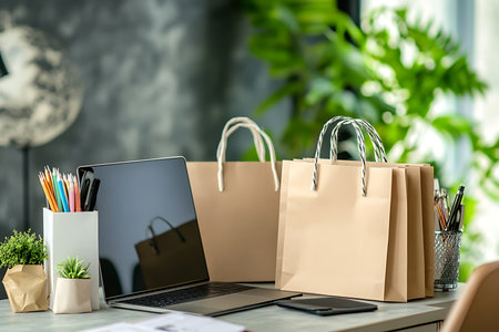 Several kraft paper shopping bags are on a table alongside an open laptop, pencils, and small potted plants, showcasing shopping and office life in an inviting space.の素材