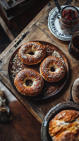 Overhead shot showcases three sesame seed bagels, arranged on a round wooden plate, alongside a glass of jam, all sitting on an antique wooden table, creating a cozy, rustic breakfast scene.の素材