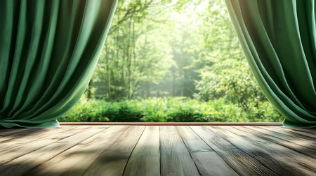The scene showcases luxurious green curtains partially drawn back, framing a breathtaking view of a sunlit forest, from an old wooden floor creating a peaceful and inviting atmosphere.の素材