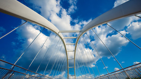 Wide upward shot showcases the white arched bridge, juxtaposed against a bright blue sky dotted with fluffy white clouds. Steel cables are visible on this structure.の素材