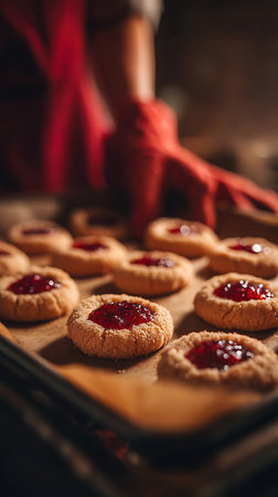 Close-up shot showcasing freshly baked thumbprint cookies with a vibrant raspberry jam filling, arranged neatly on a baking sheet, ready to be served.の素材