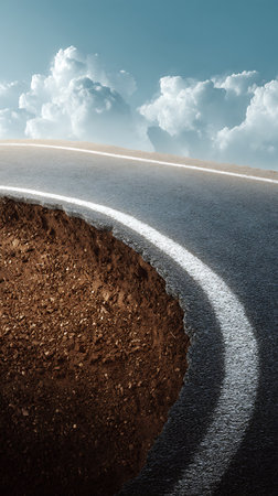 Striking image showcasing a cutaway view of a road with its underlying soil layers, set against a bright blue sky with fluffy white clouds.の素材