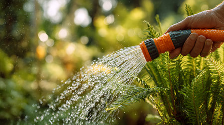 Close-up on a hand holding an orange garden hose, watering a green plant with a burst of sparkling water droplets in soft, natural light against a blurred background.の素材