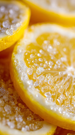 A macro shot displays lemon slices generously coated with sugar crystals, creating a visually appealing contrast of textures and colors. The image emphasizes the detail of the fruit.の素材