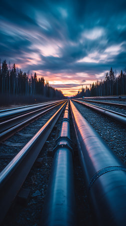 Moody view of parallel pipelines and railroad tracks vanishing toward the horizon, framed by a dark forest silhouette and dynamic, colorful twilight sky.の素材