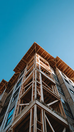 Worm's-eye view displays wooden framing structure and partial facade of an unfinished multi-story building under clear blue sky, showcasing construction progress and architecture.の素材
