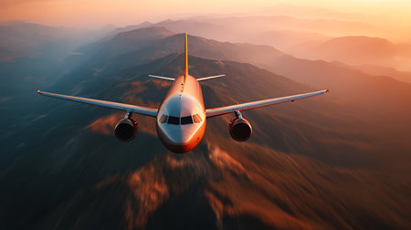 A passenger airplane is flying directly towards the viewer over a mountain range bathed in the warm light of a golden sunset, creating a sense of speed and adventure.の素材