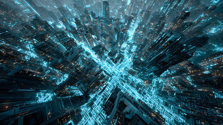 A striking upward perspective captures a futuristic city with dense, high-rise structures. The buildings feature illuminated blue grid patterns and shimmering golden lights.の素材