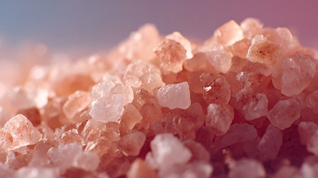 Intimate, macro view capturing a pile of vibrant Himalayan pink salt crystals, showcasing their natural variations in texture, color, and crystalline structure, reflecting light.の素材