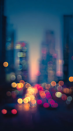 Abstract bokeh of blurred city lights evokes an urban atmosphere at night. Warm red, yellow, and white hues contrast against the cool blue tones of the evening sky.の素材