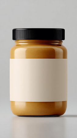 Isolated closeup presents a peanut butter jar filled, topped with a black lid, and a blank label ideal for a mockup on a solid light background. Perfect for product design.の素材