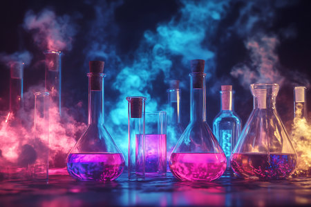 Various glass lab containers like beakers, flasks, and test tubes are filled with glowing and bright vibrant liquids. A smoky blue and red background creates a dark laboratory scene.の素材