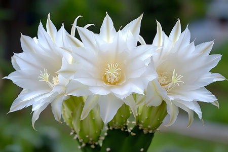 Captivating botanical image highlights the delicate details of three large, white cactus flowers in full bloom. The creamy petals are beautifully contrasted against soft green stems.の素材