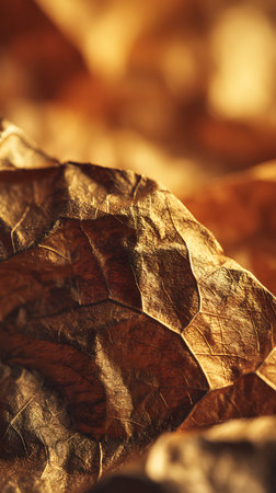 Up-close macro of a golden-brown autumnal leaf showcasing its intricate vein patterns and surface texture. Warm color palette emphasizing a natural, organic design.の素材